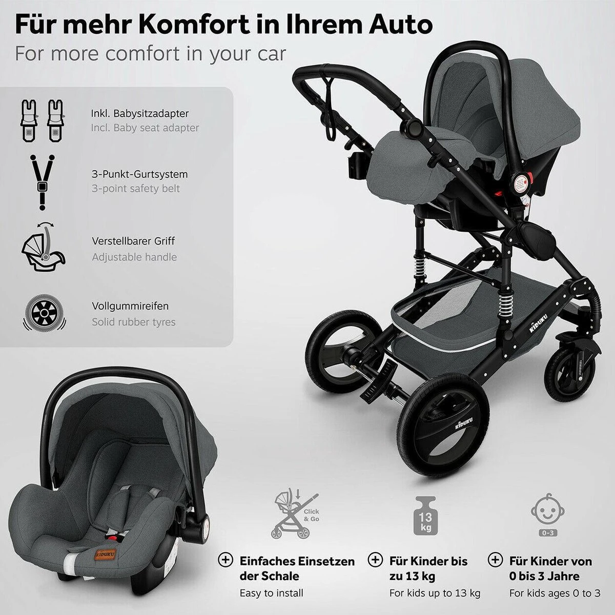 KIDUKU- 3 In 1 Combi-kinderwagen- Antraciet/zwart Buggy Incl. Autostoeltje-regenhoes- Inklapbaar - Afbeelding 8