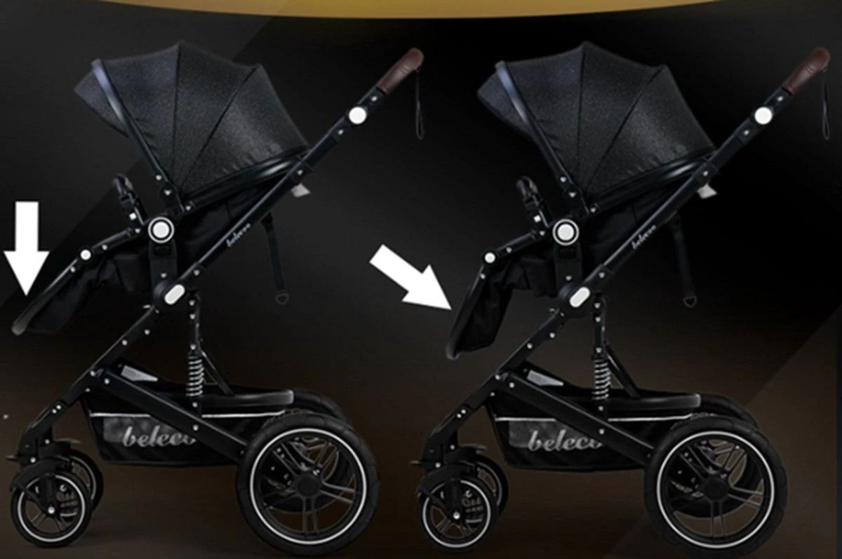 Belecoo - Luxe Kinderwagen - 3-in-1 Buggy - Opklapbare Wandelwagen - Autostoel - Wieg - Multifunctioneel - Zwart - Afbeelding 8