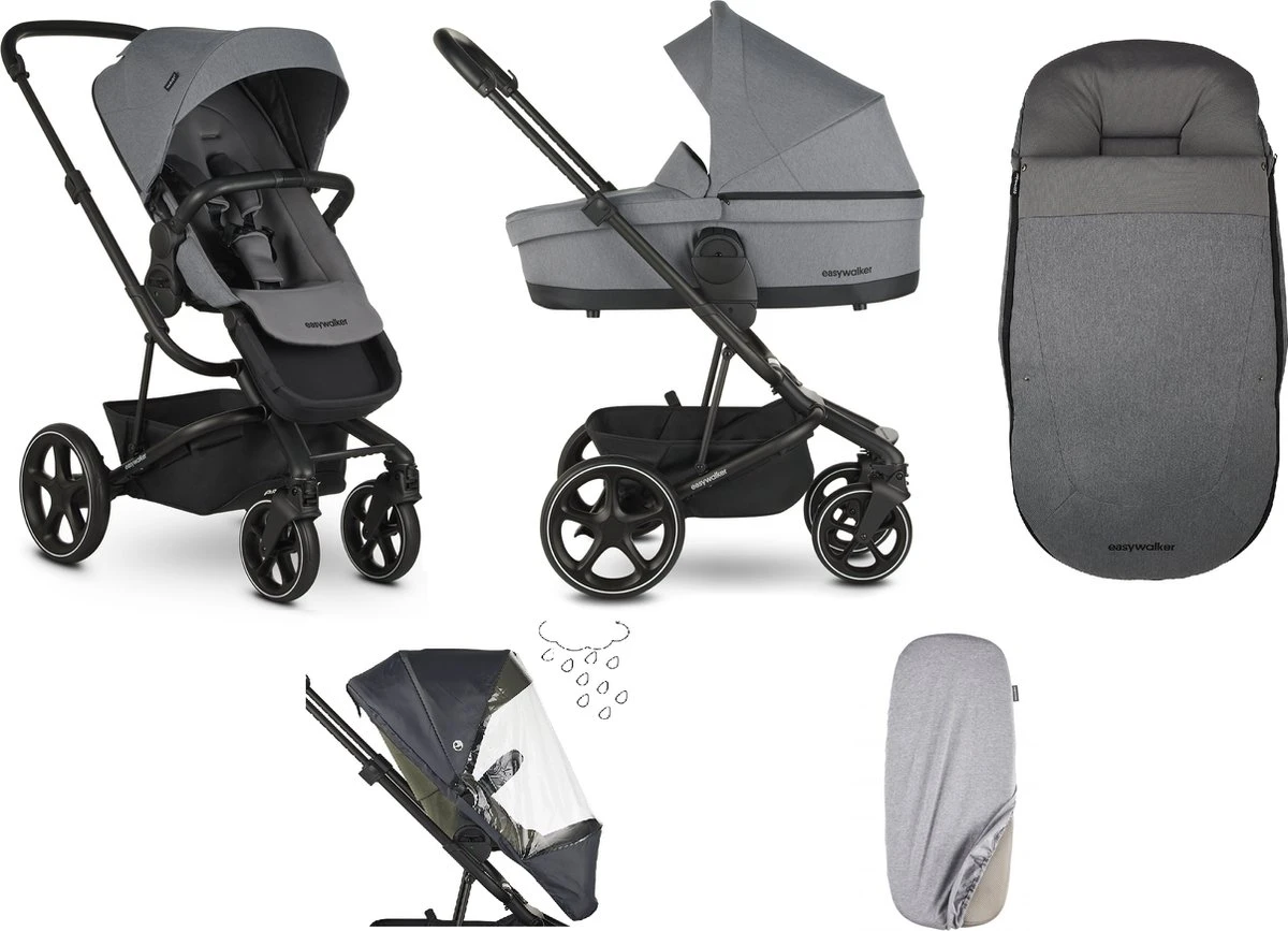 Easywalker Harvey 3 / Harvey³ Voordeelset Bestaande Uit Kinderwagen, Reiswieg, Voetenzak, Regenhoes Voor Zitting En Reiswieg, Hoes Voor De Reiswiegmatras - Kleur Fossil Grey