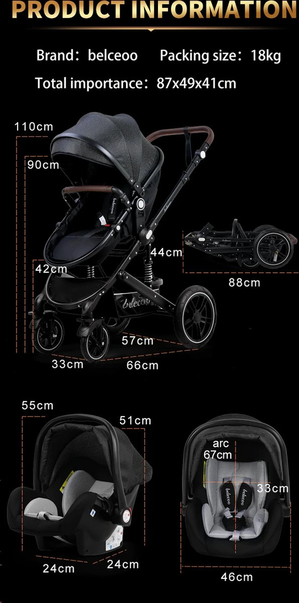 Belecoo - Luxe Kinderwagen - 3-in-1 Buggy - Opklapbare Wandelwagen - Autostoel - Wieg - Multifunctioneel - Zwart - Afbeelding 5