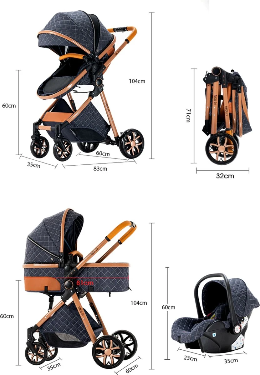 Merkloos Kinderwagen 3-in-1 – Luxe Kinderwagen - Buggy – Wandelwagen - Multifunctioneel – Opklapbaar – Incl Autostoel – Blauw - Afbeelding 4