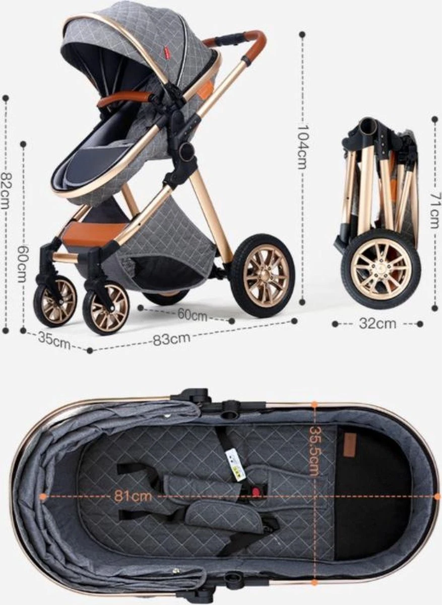 Merkloos Kinderwagen 3-in-1 – Luxe Kinderwagen - Buggy – Wandelwagen - Multifunctioneel – Opklapbaar – Incl Autostoel – Grijs - Afbeelding 4