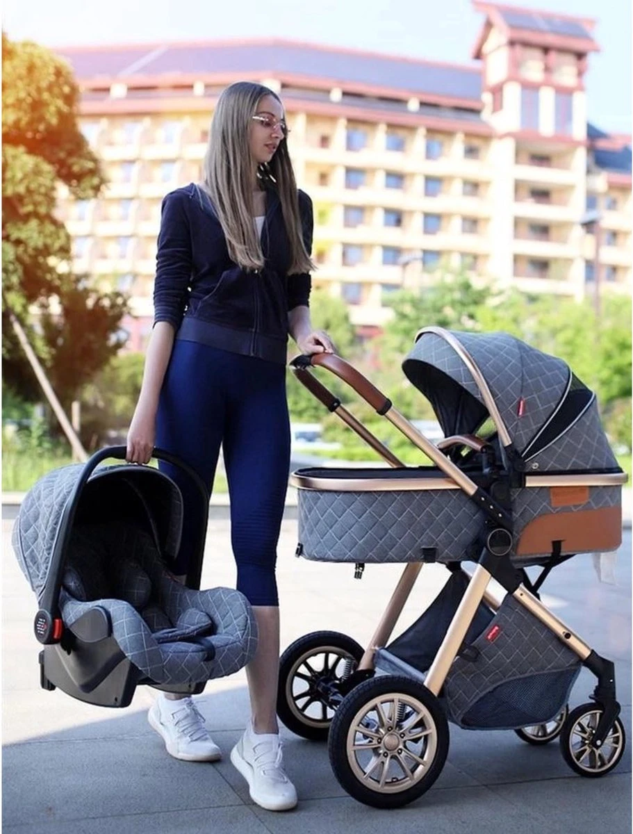 Merkloos Kinderwagen 3-in-1 – Luxe Kinderwagen - Buggy – Wandelwagen - Multifunctioneel – Opklapbaar – Incl Autostoel – Grijs - Afbeelding 5